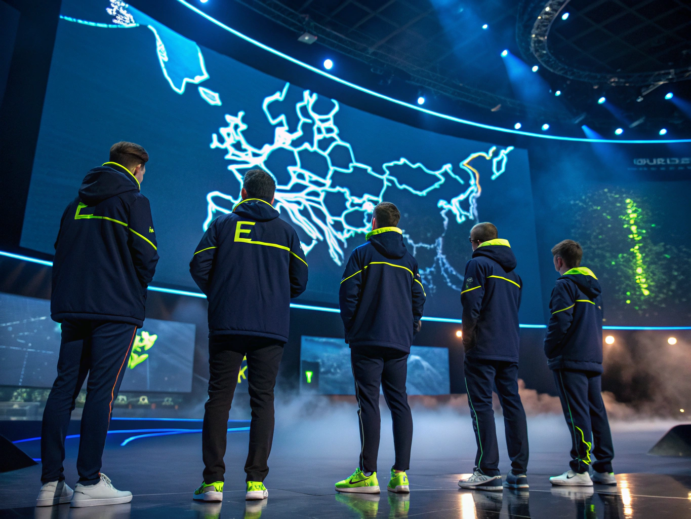 Esports team practicing in a high-tech gaming facility