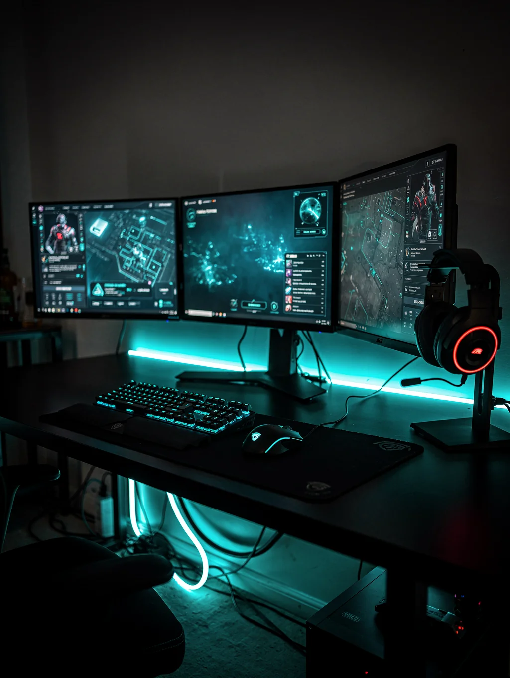 Futuristic gaming setup with neon cyan lighting