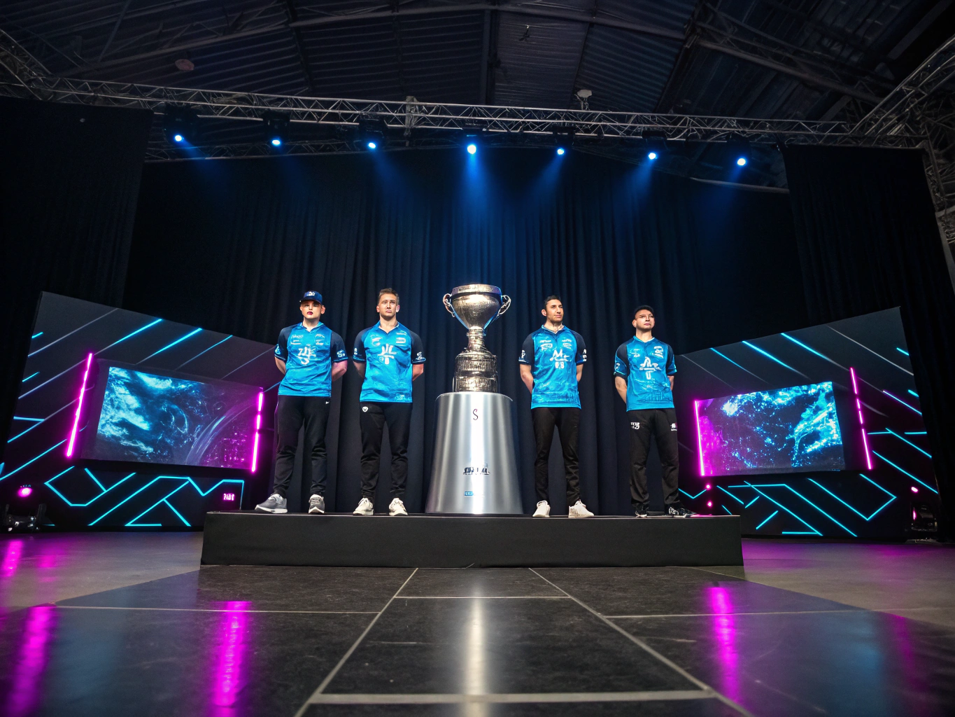Esports team celebrating a tournament victory under neon lights