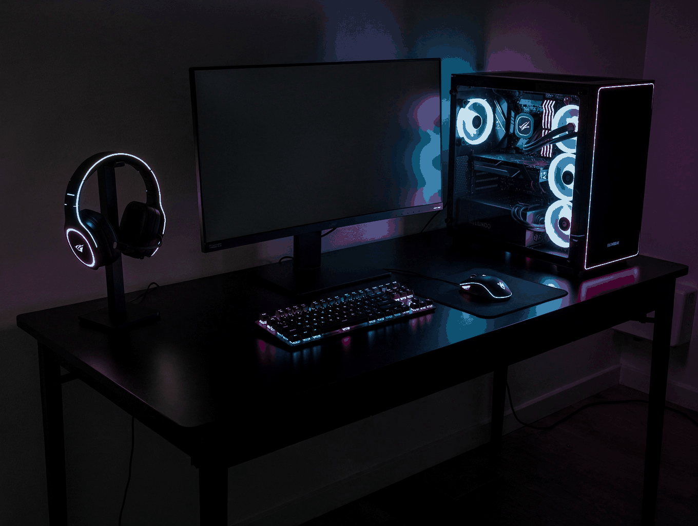 Professional gaming setup with neon cyan lighting